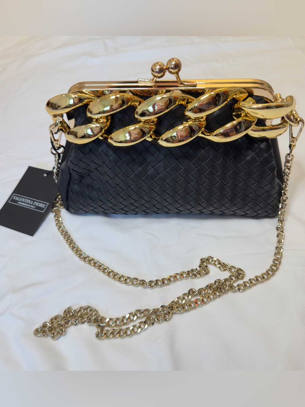 Black Genuine Leather Woven Clutch with Gold Chain Detail Made in Italy